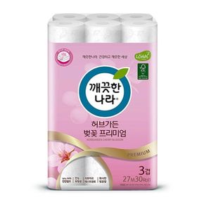 깨끗한나라 3겹 데코벚꽃 화장지 27MX30롤 3개입