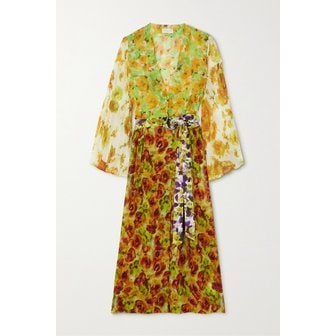 드리스반노튼 벨티드 플리츠 플로럴 프린트 조젯 미디 랩 원피스 1647597302092605