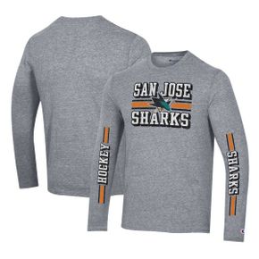 4864577 Champion Mens Heather Gray San Jose Sharks Tri-Blend Dual-Stripe Long Sleeve T-Shi