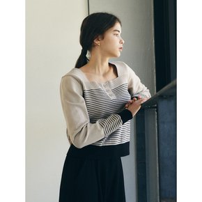 Stripe coloring 3 button square neck knit - beige