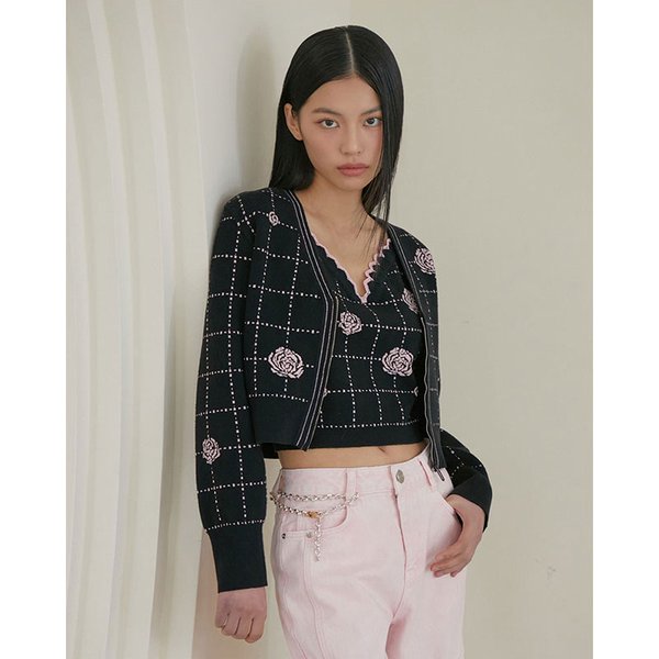 [시흥점] 여성 플라워 체크 자카드 니트 집업가디건 (ES1KG160)