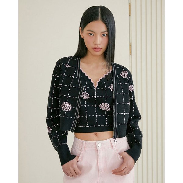 [시흥점] 여성 플라워 체크 자카드 니트 집업가디건 (ES1KG160)