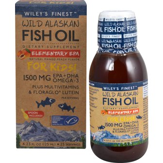  [해외직구] Wiley  s  Finest  Wild  Alaskan  Fish  Oil  Elemtary  EPA  for  키즈  플러스  종합  비타민  천연  망고  복숭아  125ml