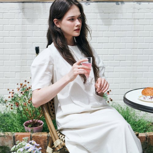 메타퍼 / MET H line half sleeve long dress ivory