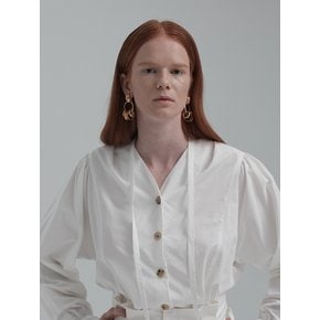 BUTTONED V-NECK SHIRRING BLOUSE (WHITE)