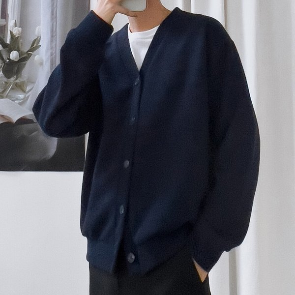남자 루즈핏 무지 리브드 골지 버튼 가디건 5C-CA-Q121-네이비