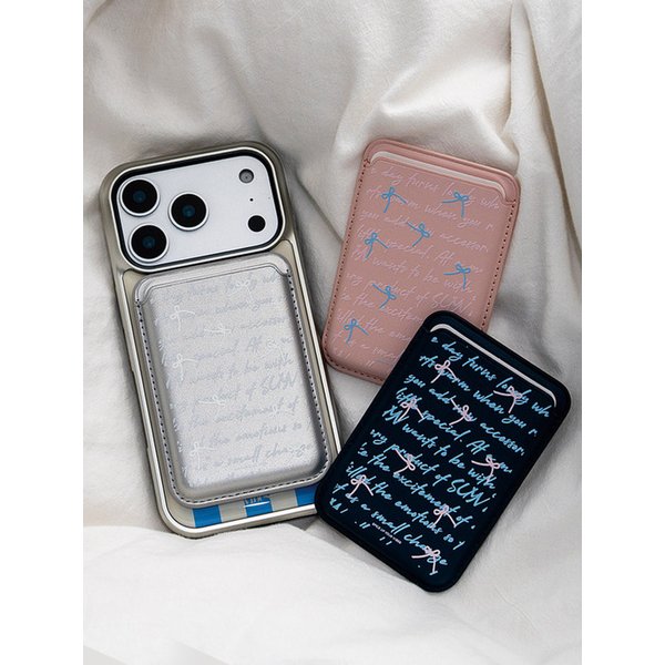 리본 패턴 레터링 2장수납 비건레더 맥세이프 카드지갑 케이스