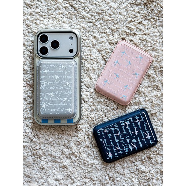 리본 패턴 레터링 2장수납 비건레더 맥세이프 카드지갑 케이스