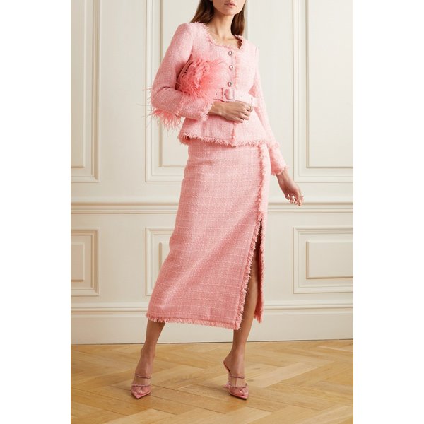 후이샨 장 지아 프레이 메탈릭 트위드 미디 스커트 베이비 핑크 1647597287117433