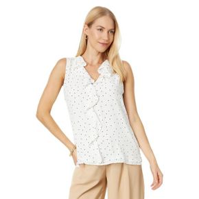 3909553 Vince Camuto Sleeveless V-Neck Ruffle Front Pindot Blouse