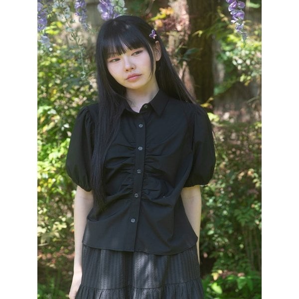 Dot Button Puff Short Sleeve Shirt_Black