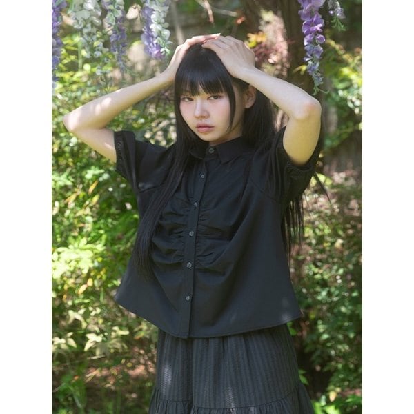 Dot Button Puff Short Sleeve Shirt_Black