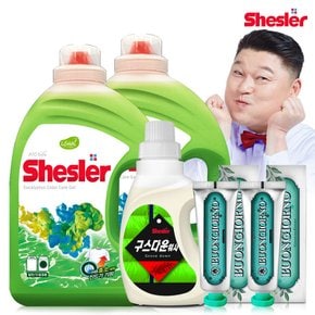 강호동의 쉬슬러 액상 세제 유칼립투스 3.05L 2개+구스다운워시전용 650ml 1개+구취케어 치약100g 2개.