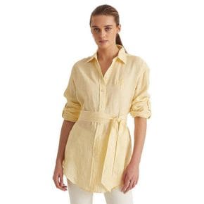 우먼 Lauren Ralph Lauren 쁘띠 스트라이프 로고 린넨 셔츠 - Wicket Yellow/White 4560464