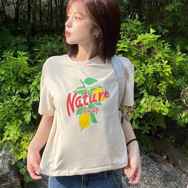 [여주점] N252WTS020 여성 리젠아스킨 세미크롭 그래픽 반팔 티셔츠 LBEIGE