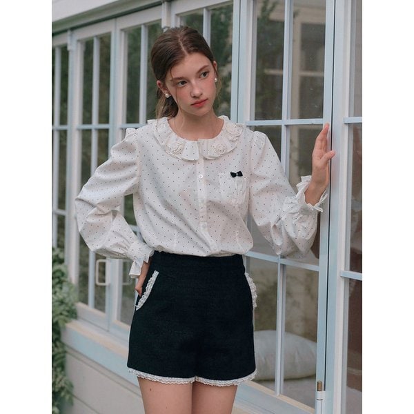 Cest_Flower collar polka dot blouse