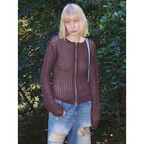 CROCHET ZIP-UP JACKET, BROWN