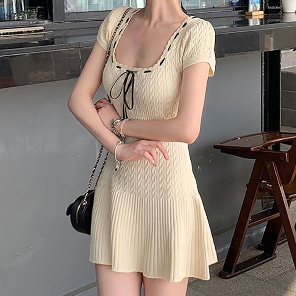 여자 리본 스티치 니트 미니 반팔 원피스 SDW-OPH-SNF1002316