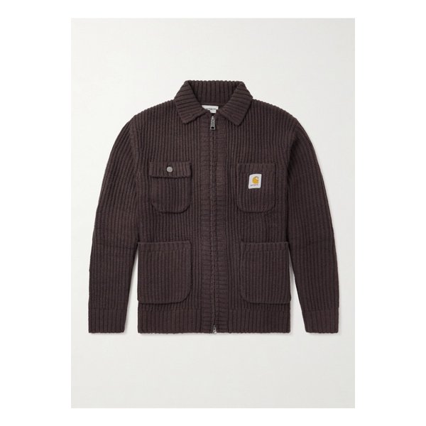 칼하트윕 로고 아플리케 골지 니트 집업 가디건 브라운 46376663162844673