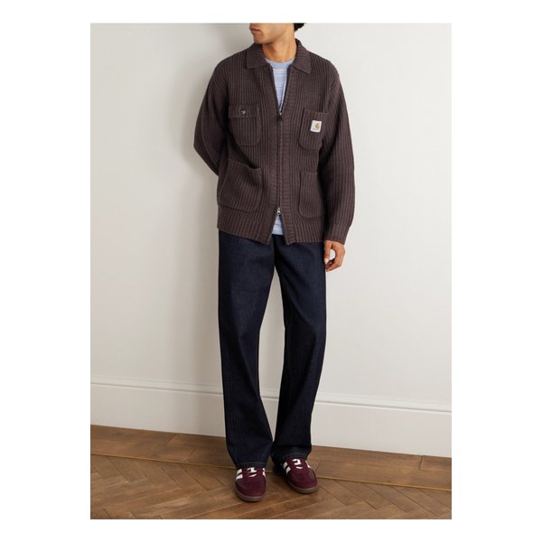 칼하트윕 로고 아플리케 골지 니트 집업 가디건 브라운 46376663162844673