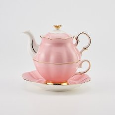  리퍼브 티로직 다이애나 골드림 티포원 핑크 1인 찻잔 티팟세트