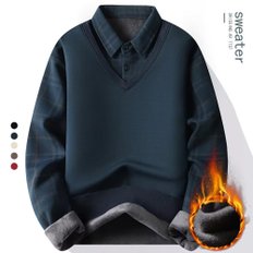  스웨터 남성용 플리스 폴로 칼라 가짜 2 피스 워크 벨벳 풀오버 슬림핏 상의 니트
