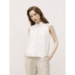 Shirring Halter Neck Back Button Blouse White