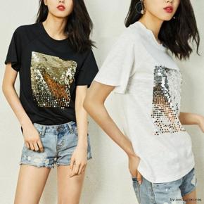 여성 스팽글 반팔티 블링 캐쥬얼 티셔츠 (S8408968)