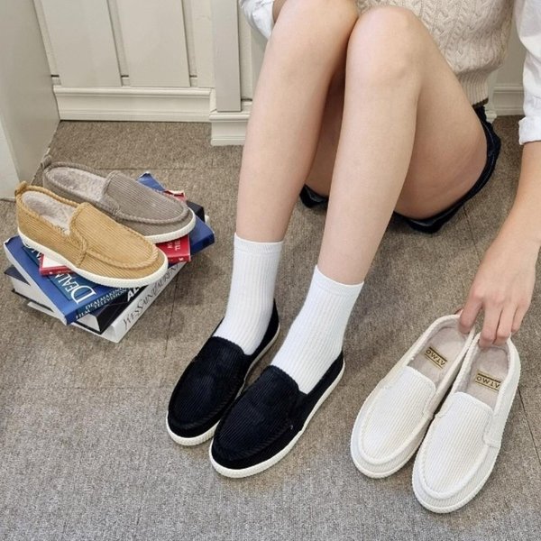 [옷자락] 여자 심플 베이직 캐주얼 안감 퍼 골덴 로퍼