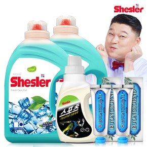 강호동의 쉬슬러 액상 세제 후레쉬 3.05L 2개+스포츠의류전용 650ml 1개+치석케어 치약 100g 2개.