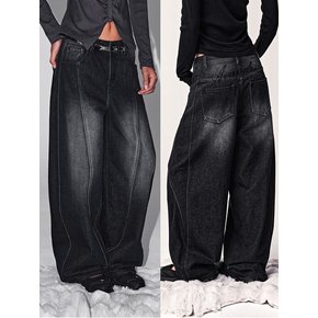 Logo Needle Point Balloon Denim Pants BLACK