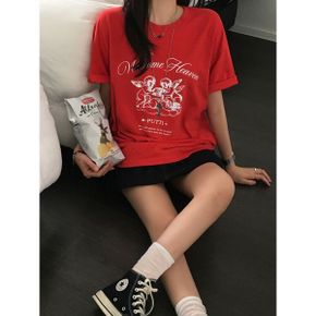 남녀공용 푸티 프린팅 오버핏 20수 라운드 반팔 티셔츠_P418469405