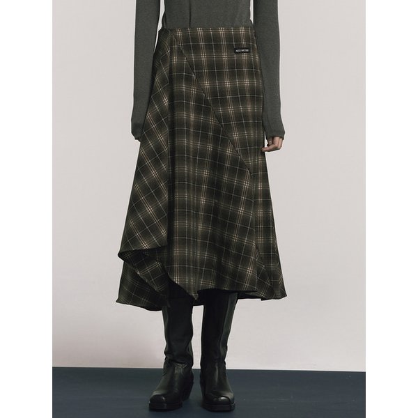LAYERED CHECK WRAP FLARE SKIRT_BROWN