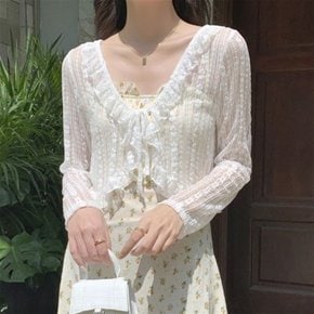 플라워 프릴 매듭 망사 가디건