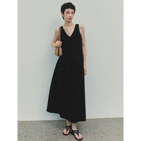 Linen Shirring V-neck Dress (Black)