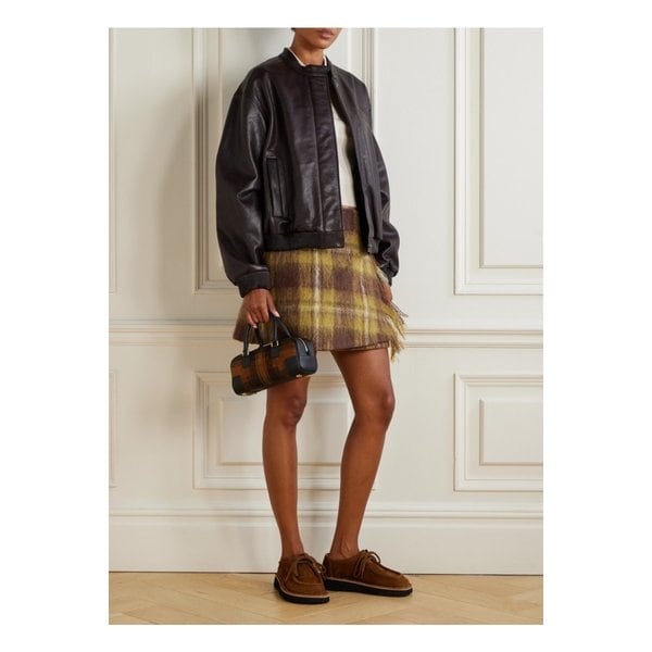 가죽 트리밍 체크 모헤어 울 혼방 미디 랩 스커트 브라운 46376663162915117