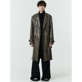 [ UNISEX ] VINTAGE WASHING VEGANLEATHER TRENCH COAT KHAKI