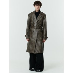 [ UNISEX ] VINTAGE WASHING VEGANLEATHER TRENCH COAT KHAKI