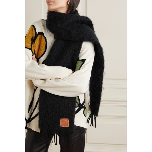 프린지 가죽 트리밍 모헤어 혼방 스카프 블랙 22250442026077905