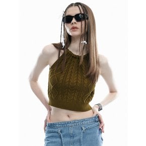 Cable Halter Crop Bustier Crop Tee Knit Tube Top [Khaki]