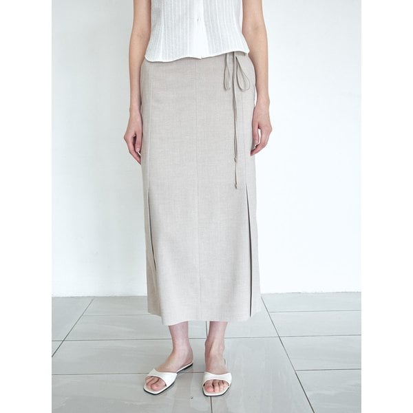 LINEN BLEND SLIT DETAIL LONG SKIRT [TAN BEIGE][NAVY]