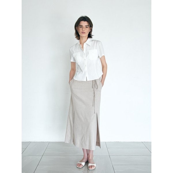 LINEN BLEND SLIT DETAIL LONG SKIRT [TAN BEIGE][NAVY]