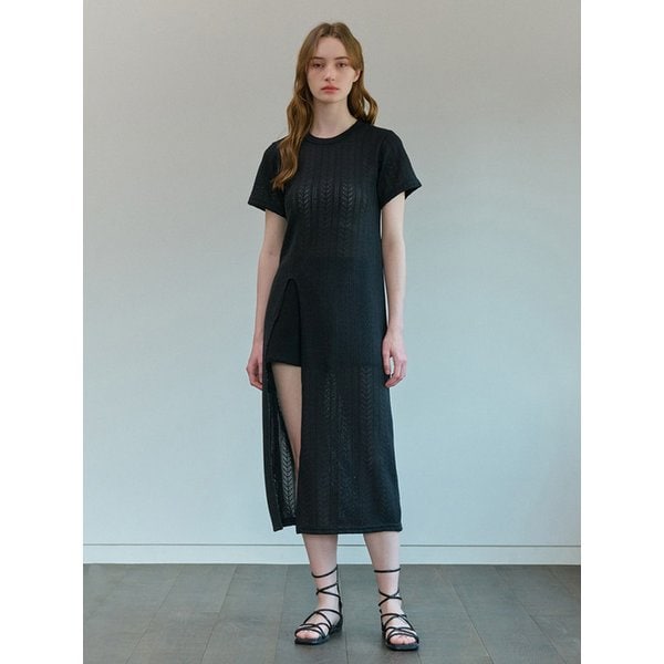 SLIT SUMMER LACE LONG KNIT ONE PIECE BLACK
