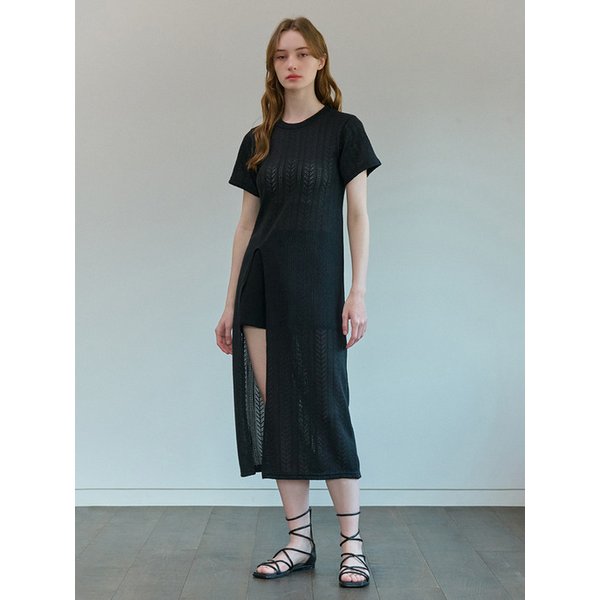 SLIT SUMMER LACE LONG KNIT ONE PIECE BLACK