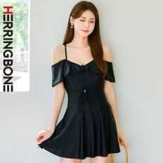 오프숄더 유교걸 블랙 미니 원피스수영복 비키니 셔링 휴양지 비치웨어 패드 내장 CE006