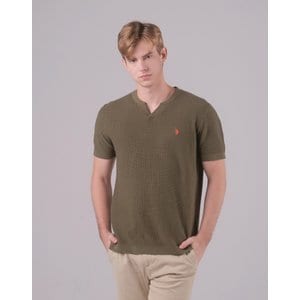 유에스폴로 [U.S. POLO ASSN.] 24SS 카키 코튼 블렌디드 V라인 헨리넥 니트 남성