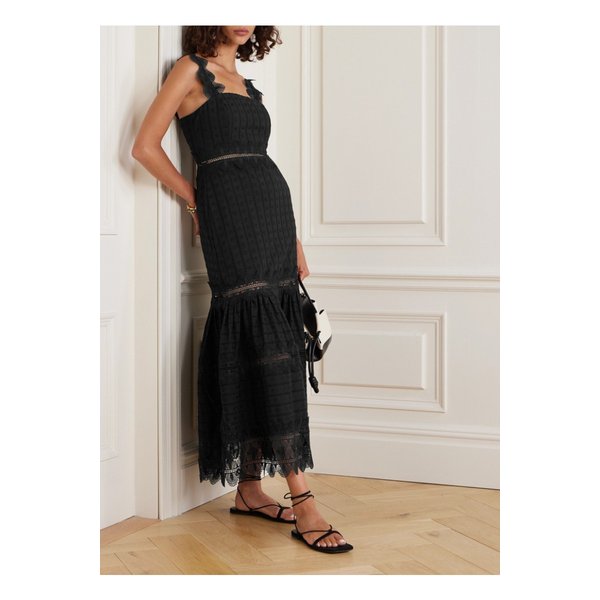 웨이마리 이비자 티어드 기퓌르 레이스 트리밍 코튼 미디 드레스 블랙 1647597333915154