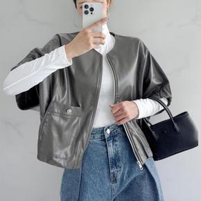 여성 가죽 자켓 가을 오버핏 노카라 포켓 박시 자켓