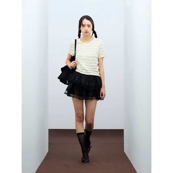 85-VIVA132 스트라이프 펀칭 반팔 숏 슬리브 니트 가디건 베이지