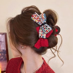 왕 리본 퍼 집게핀 헤어 머리핀 겨울 니트 털 헤어핀